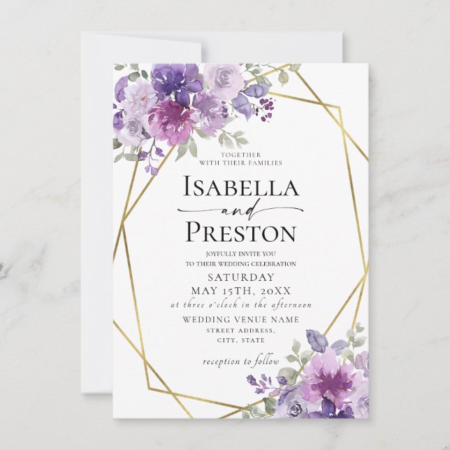 Invitación Dusty Purple Lilac Mauve Relieve metalizado dorado (Anverso)