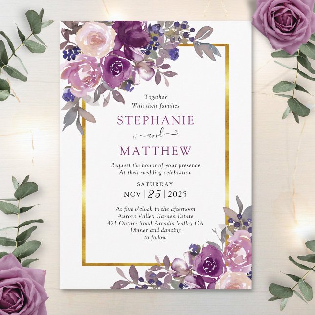 Invitación Dusty Purple Mauve Boda de la frontera dorada botá (Subido por el creador)