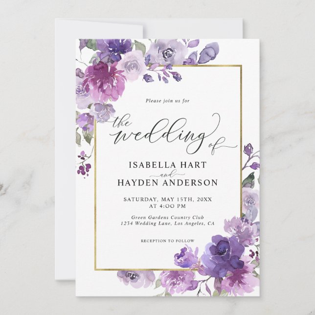 Invitación Dusty Purple Mauve Lilac Boda de Relieve metalizad (Anverso)