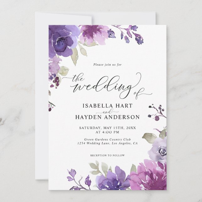 Invitación Dusty Purple Mauve Lilac Floral Boho Boda (Anverso)