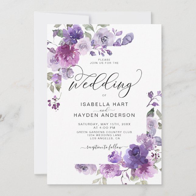 Invitación Dusty Purple Mauve Lilac Floral Romántico Boda (Anverso)