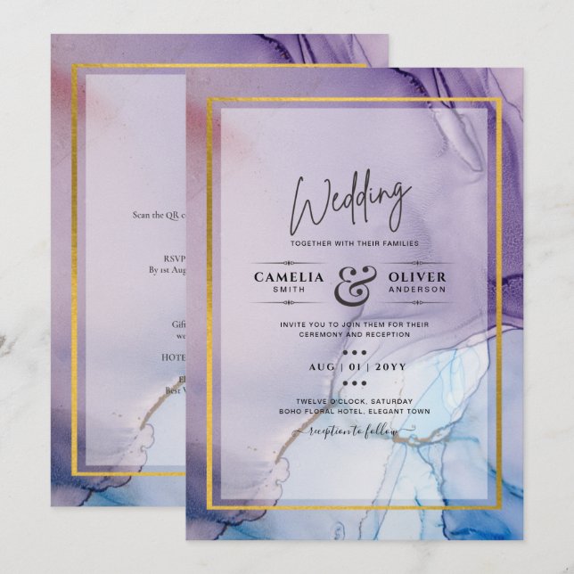 Invitación Dusty Purple Navy Blue Gold INVITE Boda (Anverso / Reverso)