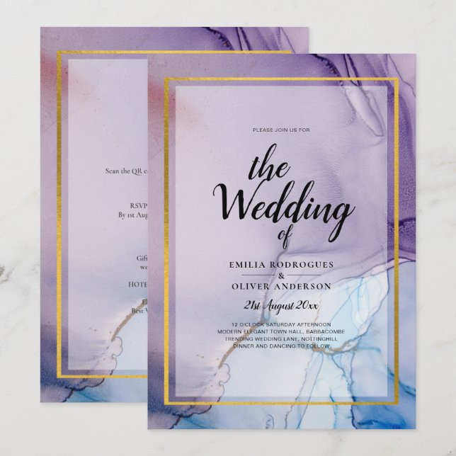 Invitación Dusty Purple Navy Blue Gold INVITE Boda (Anverso / Reverso)