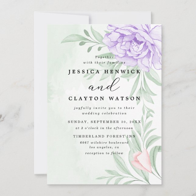 Invitación Dusty Purple Peony Rosa Greenery deja Boda (Anverso)