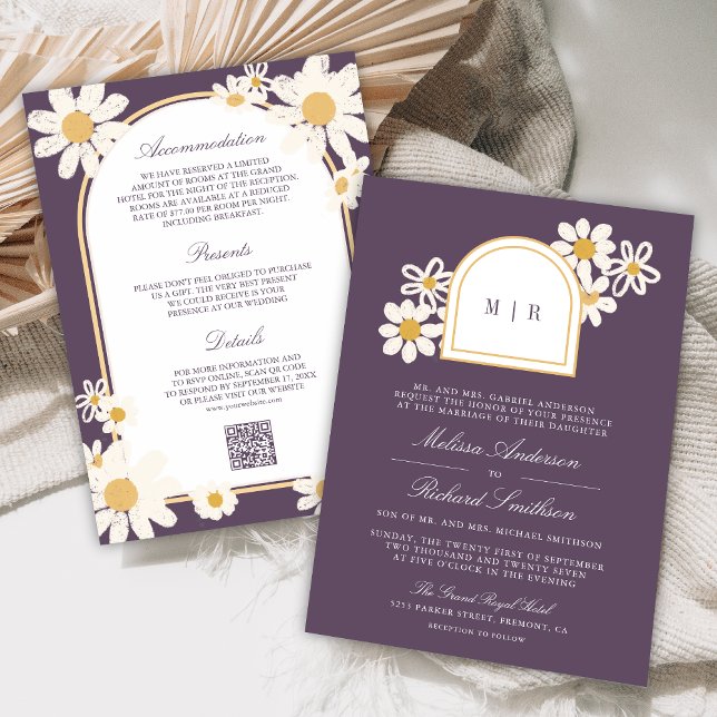 Invitación Dusty Purple Retro Yellow Daisy All in One Wedding (Subido por el creador)