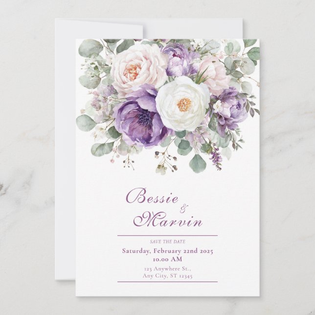 Invitación Dusty Purple Rose Peony Eucalyptus Watercolor (Anverso)