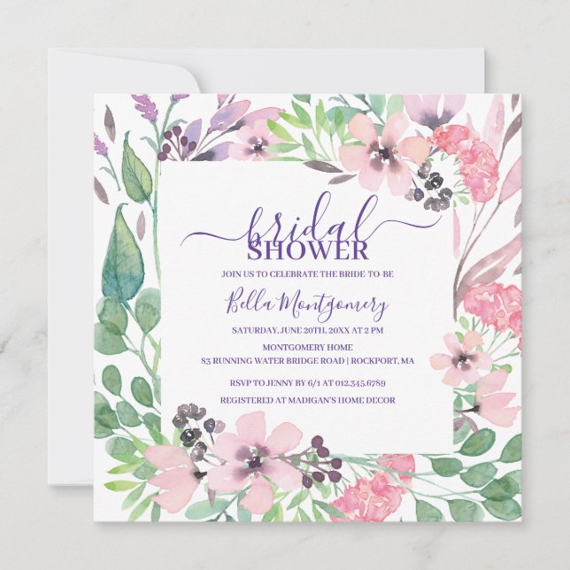 Invitación Dusty Púrpura Púrpura Flor Salvaje Ducha De Novias (Anverso)