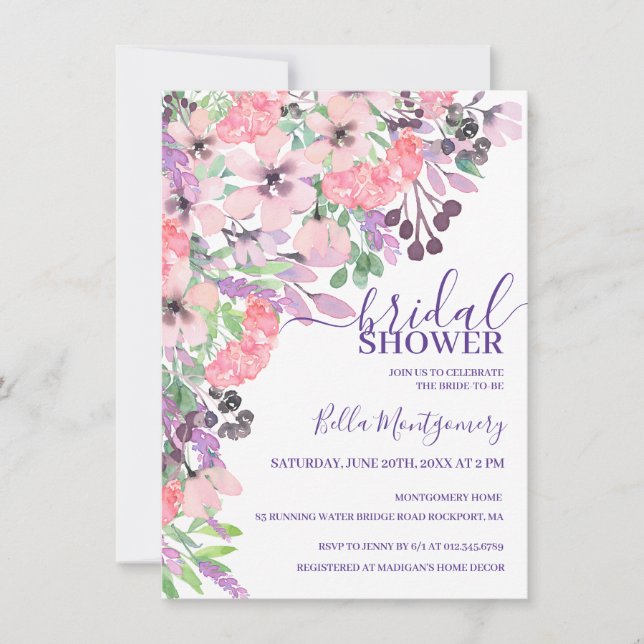 Invitación Dusty Púrpura Púrpura Flor Salvaje Ducha De Novias (Anverso)