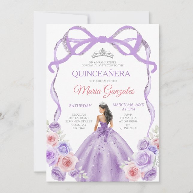 Invitación Dusty púrpura rosado Princesa Plata Quinceañera (Anverso)