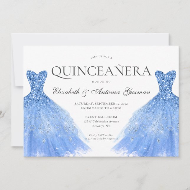 Invitación Dusty Purpurina de Plata Azul Gown Twin Quinceaner (Anverso)