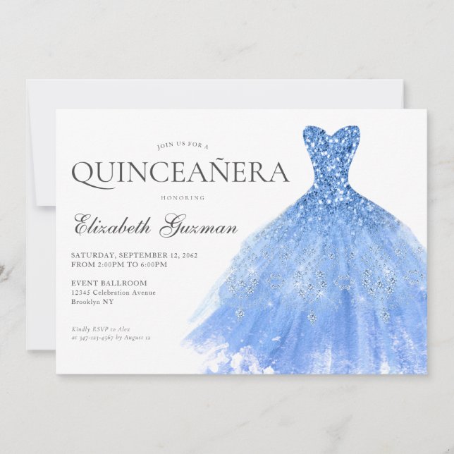 Invitación Dusty Purpurina de Plata Azul Gown Twin Quinceaner (Anverso)