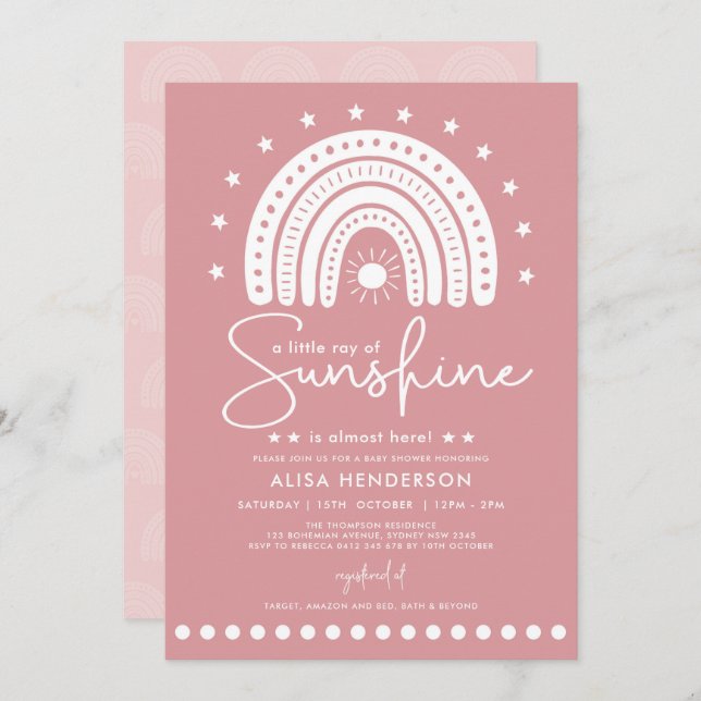 Invitación Dusty rayo rosado del Chica Sunshine Boho Baby Sho (Anverso / Reverso)