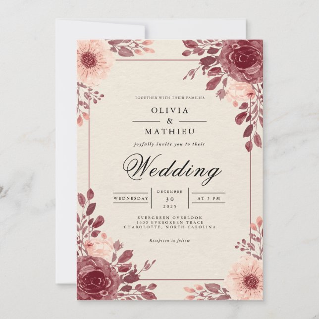 Invitación Dusty Rosa Arco floral Boda floreciente (Anverso)