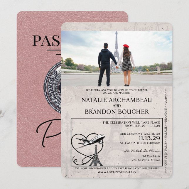 Invitación Dusty Rosa Boda de pasaporte de París (Anverso / Reverso)