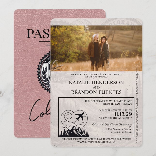 Invitación Dusty Rosa Boda de Pasaportes de Colorado (Anverso / Reverso)
