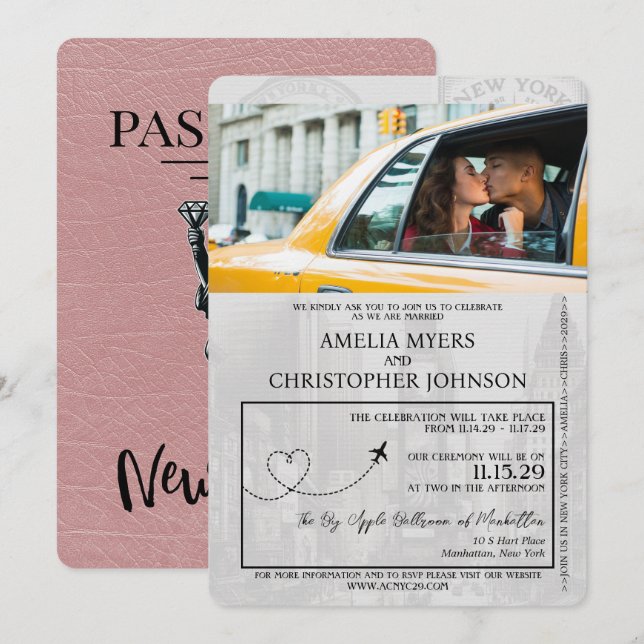 Invitación Dusty Rosa Boda de Pasaportes de la ciudad de Nuev (Anverso / Reverso)