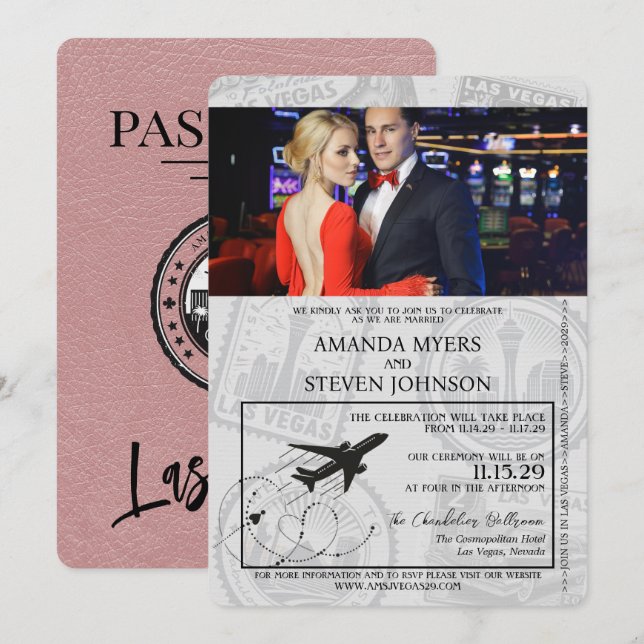 Invitación Dusty Rosa Boda de Pasaportes de Las Vegas (Anverso / Reverso)