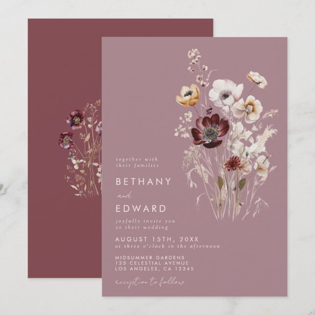 Invitación Dusty Rosa Boda Wildflower (Anverso / Reverso)