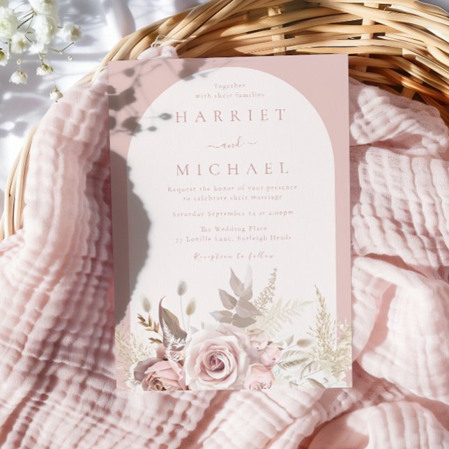 Invitación Dusty Rosa Boho Arch Rubor Boda floral (Subido por el creador)