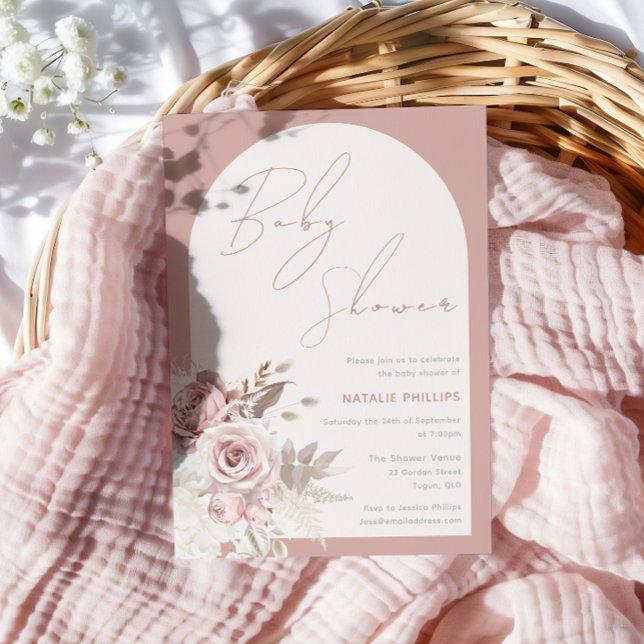 Invitación Dusty Rosa Boho Arch Rubor Floral Baby Shower (Subido por el creador)
