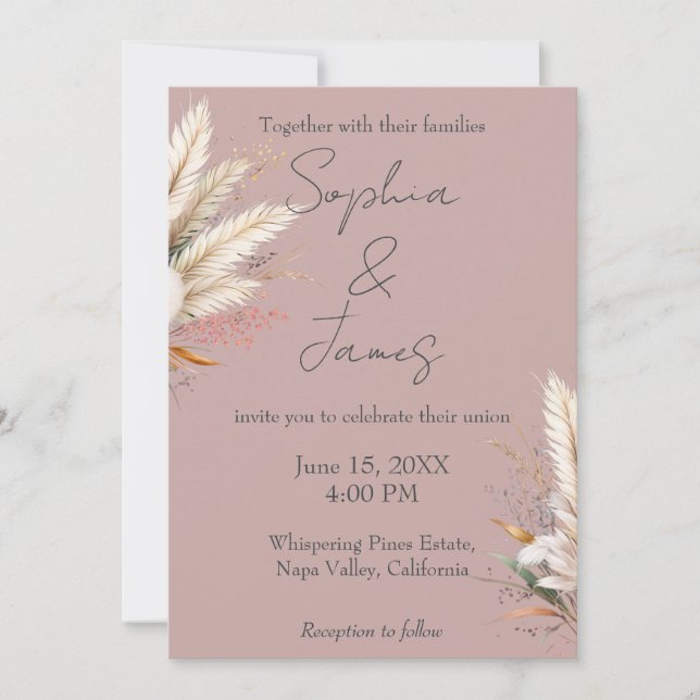 Invitación Dusty Rosa Boho Pampas Boda de Grass (Anverso)