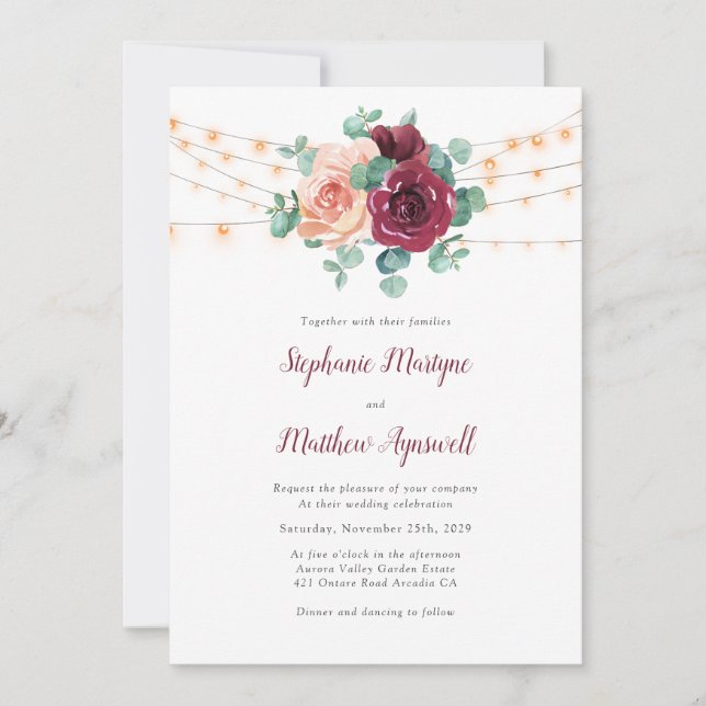 Invitación Dusty Rosa Borgoña Eucalyptus Boda de luces (Anverso)
