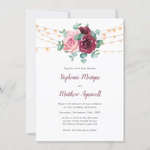 Invitación Dusty rosa Borgoña Eucalyptus Luces Boda