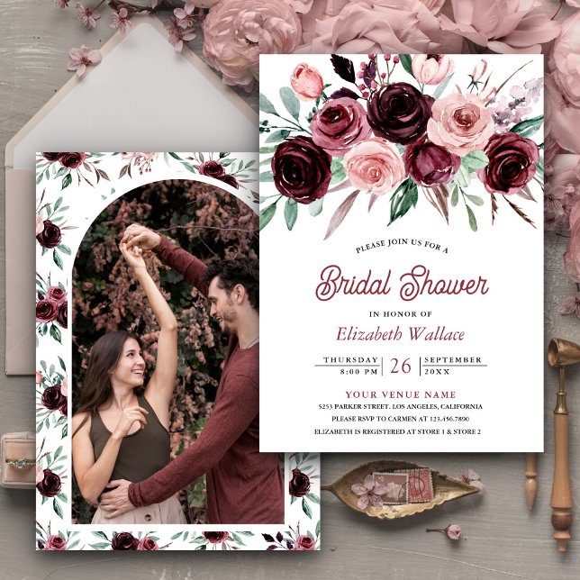 Invitación Dusty rosa Burgundy Floral foto de novia ducha (Subido por el creador)
