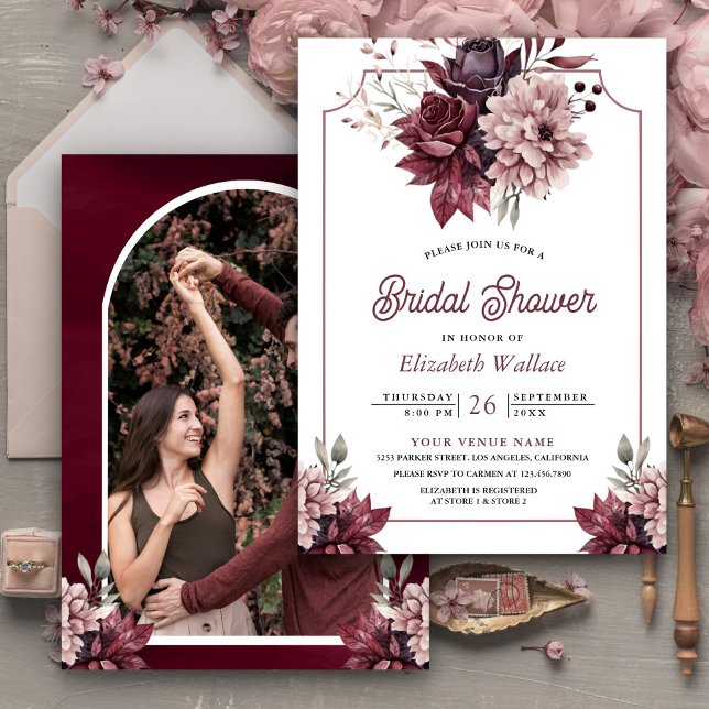 Invitación Dusty rosa Burgundy Floral foto de novia ducha (Subido por el creador)