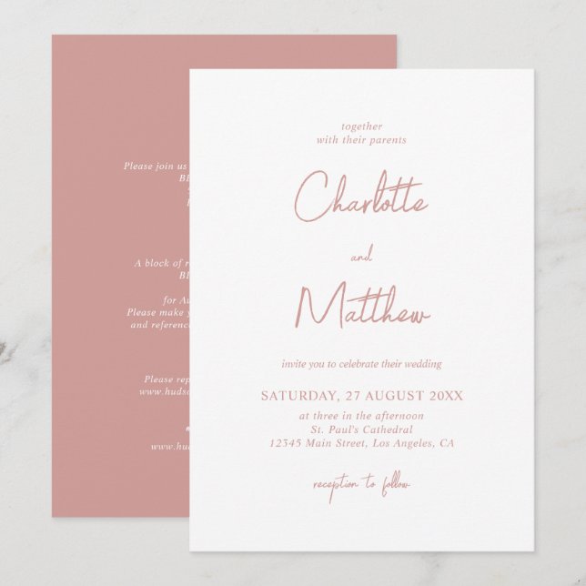 Invitación Dusty Rosa caligrafía detalles de Boda trasero (Anverso / Reverso)