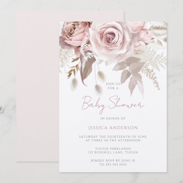 Invitación Dusty Rosa Champagne Shimmer Rubor Baby Shower (Anverso / Reverso)