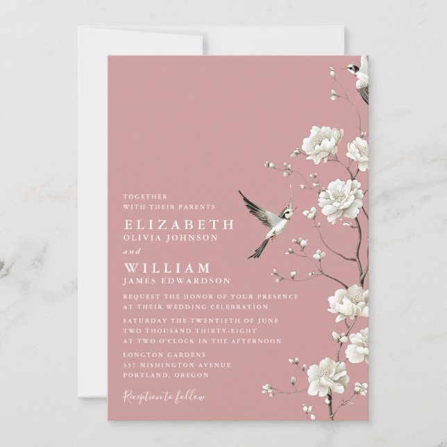 Invitación Dusty Rosa Chinoiserie Floral Garden Wedding (Anverso)
