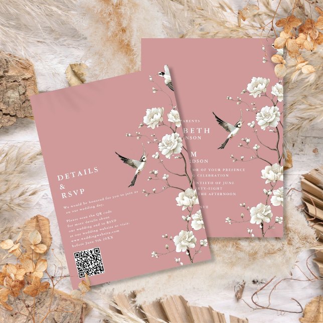 Invitación Dusty Rosa Chinoiserie Floral QR Code Boda (Dusty Rose Chinoiserie Floral QR Code Wedding Invitation)