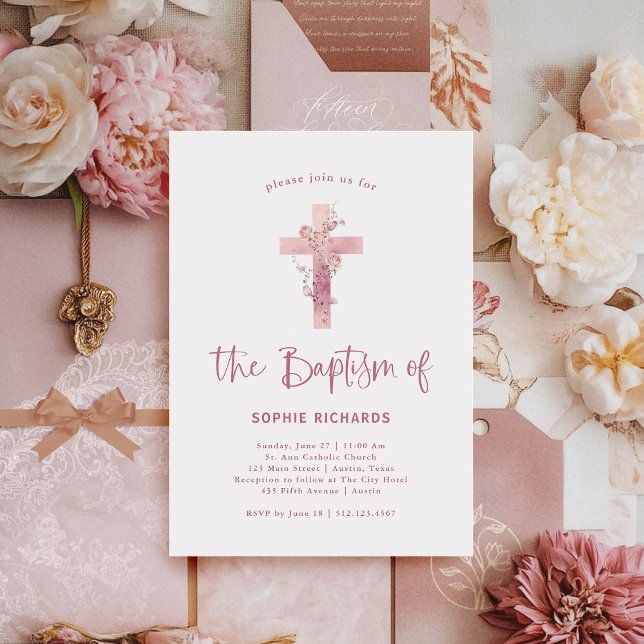 Invitación Dusty Rosa Cruz Floral | Bautismo rosado bonito (Subido por el creador)