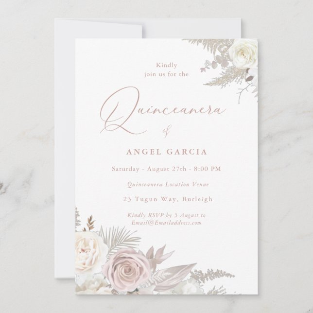 Invitación Dusty Rosa e Ivory Elegante Fiesta Quinceanera (Anverso)