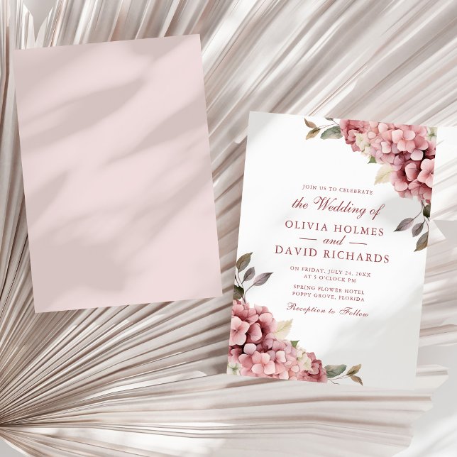 Invitación Dusty Rosa Elegante Hydrangea Boda (Dusty Rose Elegant Hydrangea Wedding Invitation on a sunny neutral dry palm leaf.)