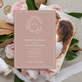 Invitación Dusty Rosa Escudo Leafy Monograma Boda fotográfico