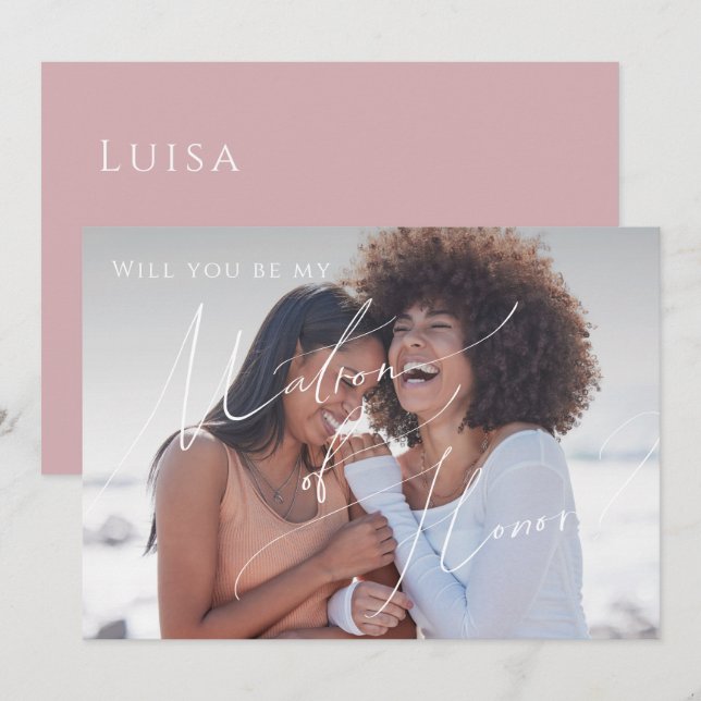 Invitación Dusty Rosa Faded Photo Matron of Honor Card (Anverso / Reverso)