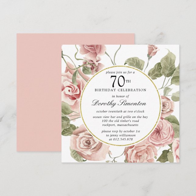 Invitación Dusty Rosa Floral 70 cumpleaños (Anverso / Reverso)