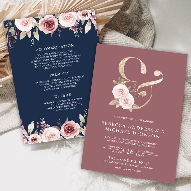 Invitación Dusty Rosa Floral Ampersand Navy Boda Azul (Subido por el creador)