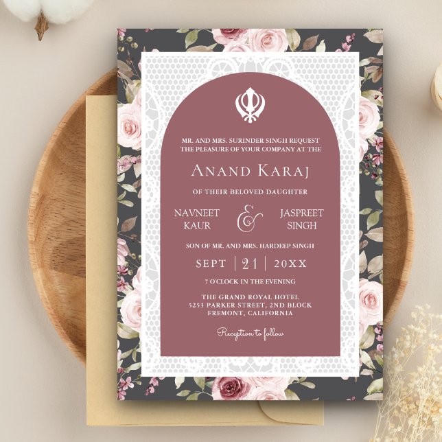 Invitación Dusty Rosa Floral Anand Karaj Punjabi Boda Sikh (Subido por el creador)