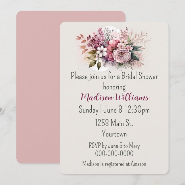 Invitación Dusty Rosa Floral Bouquet Bridal Shower (Anverso / Reverso)