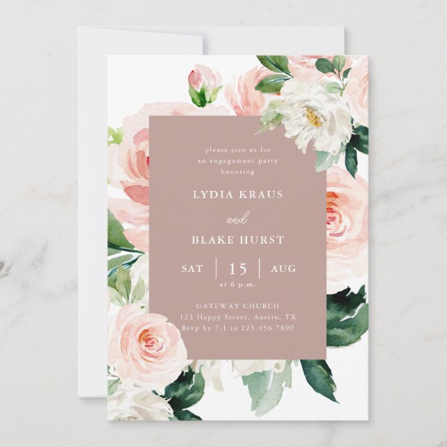 Invitación Dusty Rosa Floral Calligraphy Engagement Party (Anverso)