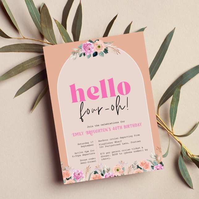 Invitación Dusty Rosa floral "hola cuatro-oh" retr (Subido por el creador)