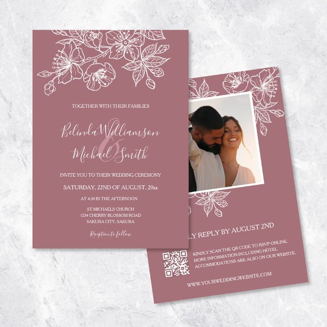 Invitación Dusty Rosa Floral Line Art | Foto | BODA (Subido por el creador)