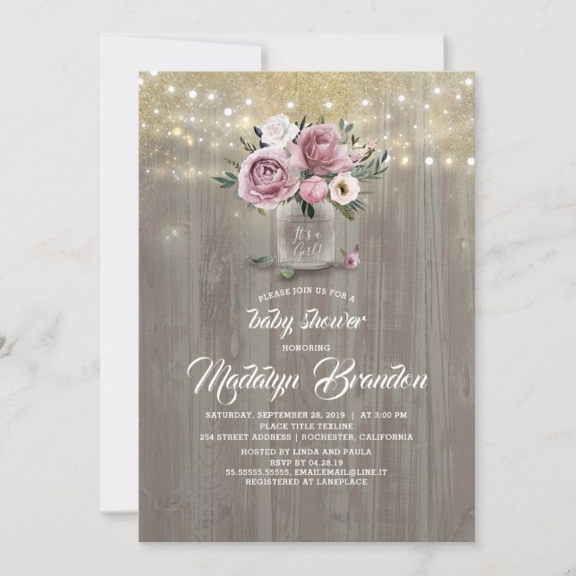 Invitación Dusty Rosa Floral Mason Jar Rustic Baby Shower (Anverso)