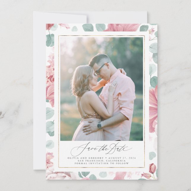 Invitación Dusty Rosa Floral Photo Save the Date Cards (Anverso)