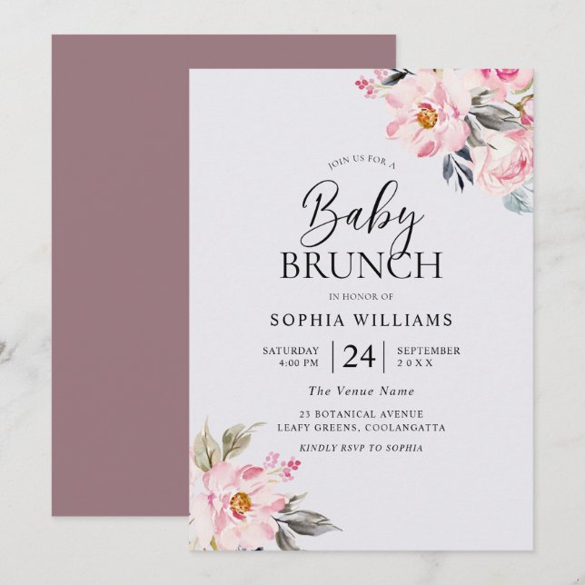 Invitación Dusty Rosa Floral Rubor Pink Baby Shower Brunch (Anverso / Reverso)
