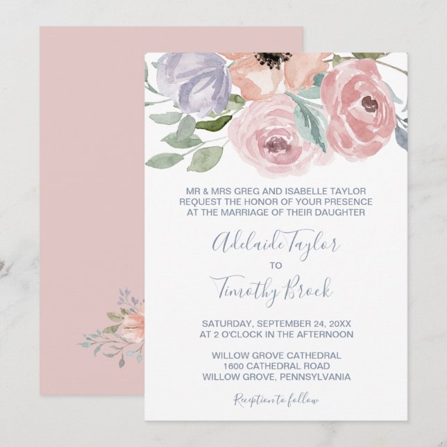 Invitación Dusty Rosa Florals Boda formal (Anverso / Reverso)