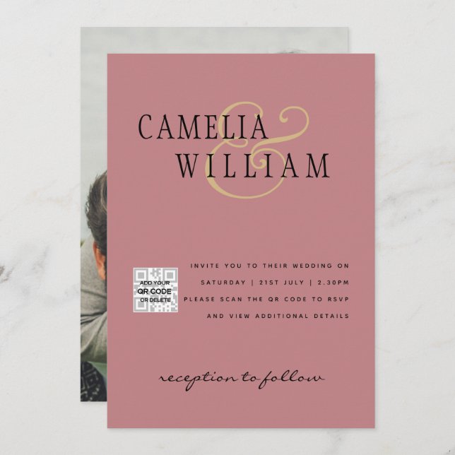 Invitación Dusty ROSA Foto Boda Invitar Código QR Guardar fec (Anverso / Reverso)